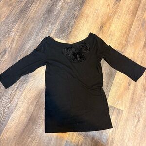 LOFT Black Boatneck Top with Floral Appliqué